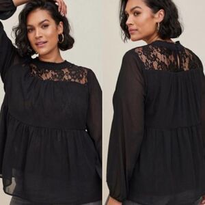 Torrid Size 2 Black Lace Chiffon Overlay Blouse long sleeve